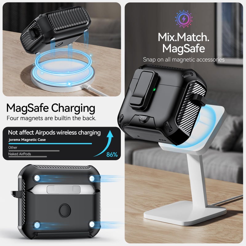 JOREMX for AirPods 4 Case (2024) with Phone Stand,with Automatic Snap Switch Carbon Fiber Design Protection Cover for Airpods 4 with Active Noise Cancellation Charging with Cleaning Pen (Black) - Image 5