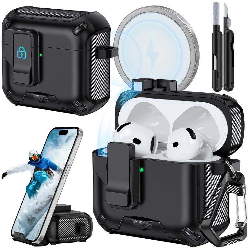 JOREMX for AirPods 4 Case (2024) with Phone Stand,with Automatic Snap Switch Carbon Fiber Design Protection Cover for Airpods 4 with Active Noise Cancellation Charging with Cleaning Pen (Black) - Image 1