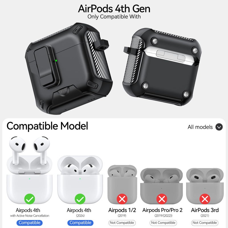 JOREMX for AirPods 4 Case (2024) with Phone Stand,with Automatic Snap Switch Carbon Fiber Design Protection Cover for Airpods 4 with Active Noise Cancellation Charging with Cleaning Pen (Black) - Image 2