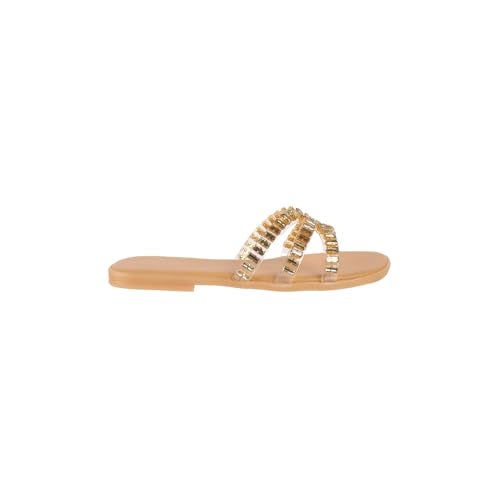 Metro Women's Beige Crystal Embellished Comfort Flat Sandals | Slip On Casual Footwear | Lightweight Comfort | Dailywear slip ons | Casual | Stylish | Comfortable Wear | UK 7 - Image 4