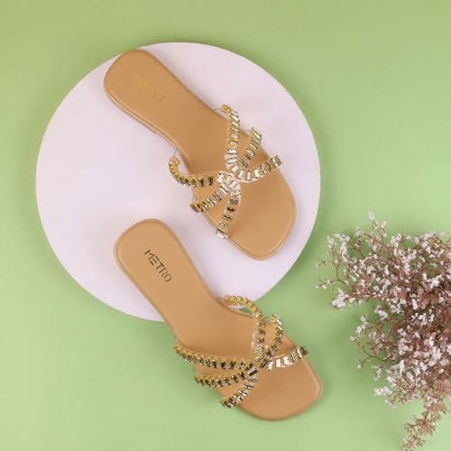 Metro Women's Beige Crystal Embellished Comfort Flat Sandals | Slip On Casual Footwear | Lightweight Comfort | Dailywear slip ons | Casual | Stylish | Comfortable Wear | UK 7 - Image 2