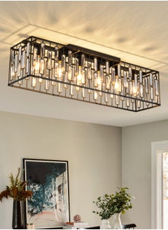 Ganeed Modern Crystal Chandeliers Ceiling Light, 6-Lights Flush Mount Ceiling Lights Fixture, Classical Black Rectangle Chandeliers for Living Room Kitchen Hallway Island Bar  - Image 1