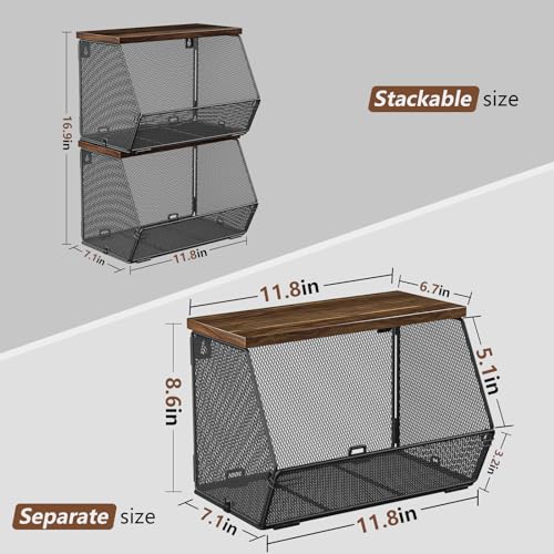 Litwaro Fruit Basket Wire Baskets with Wood Lid, Wall Mounted Produce Basket for Snack, Fruit and Vegetable Storage, Countertop Onion and Potato Storage, 3 Pack Stackable Kitchen Counter Organizer - Image 5