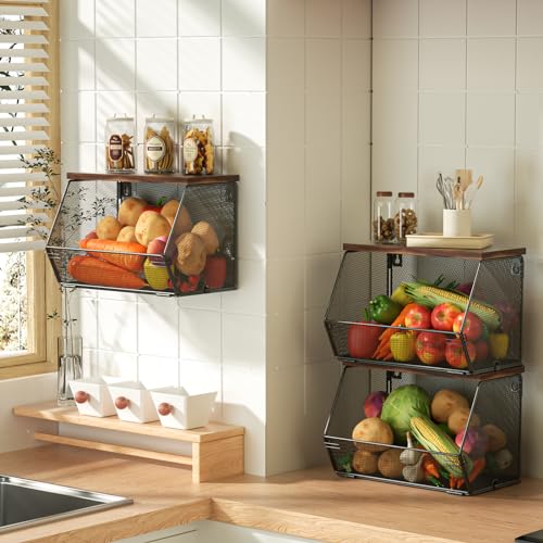 Litwaro Fruit Basket Wire Baskets with Wood Lid, Wall Mounted Produce Basket for Snack, Fruit and Vegetable Storage, Countertop Onion and Potato Storage, 3 Pack Stackable Kitchen Counter Organizer - Image 1