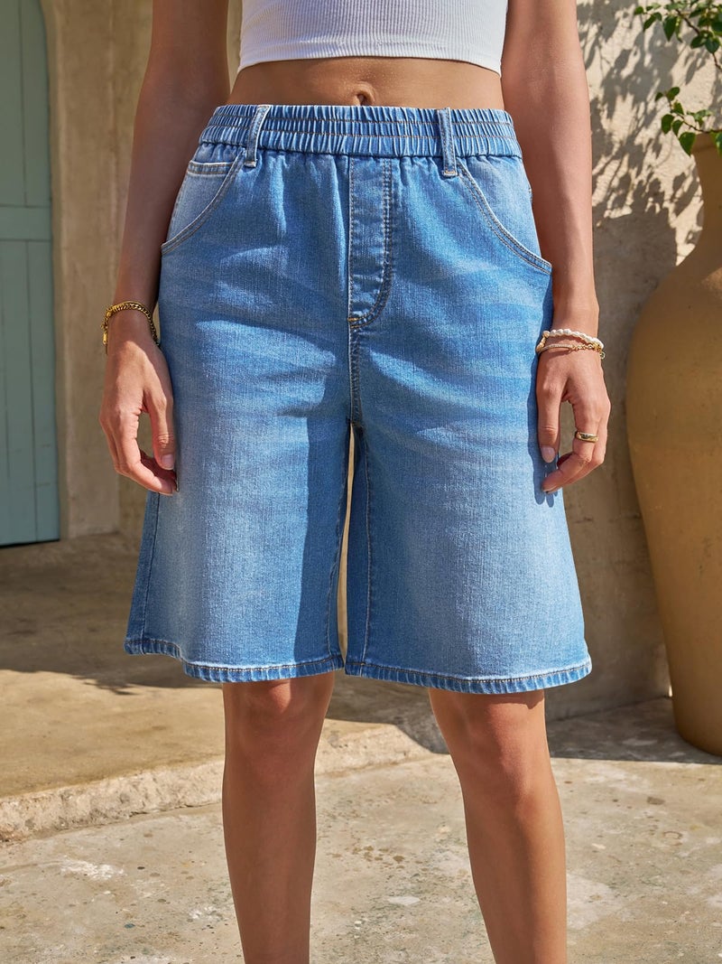 Yousify Womens Bermuda Jean Shorts Elastic Waisted Long Denim Short Knee Length Baggy Jeans Jorts - Image 2
