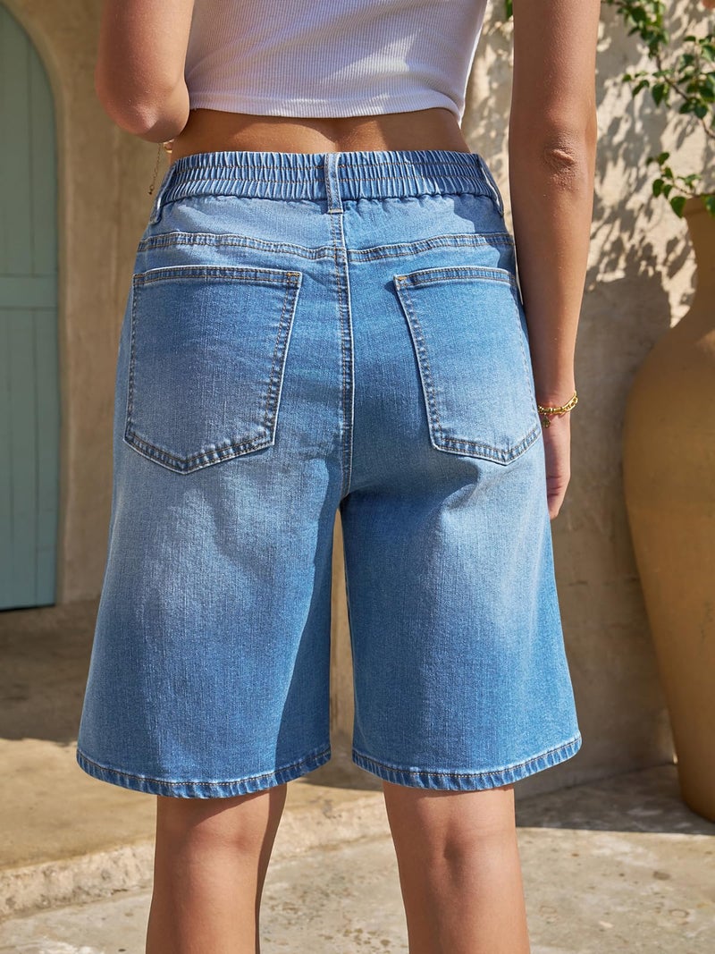 Yousify Womens Bermuda Jean Shorts Elastic Waisted Long Denim Short Knee Length Baggy Jeans Jorts - Image 3