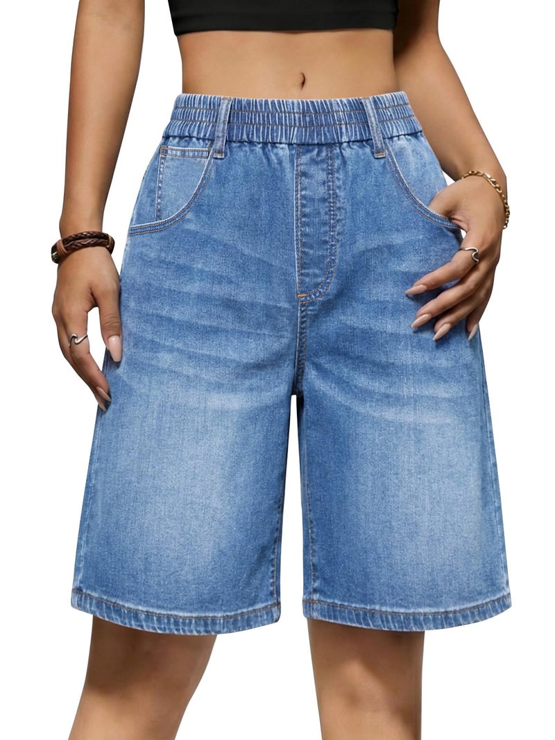Yousify Womens Bermuda Jean Shorts Elastic Waisted Long Denim Short Knee Length Baggy Jeans Jorts - Image 1
