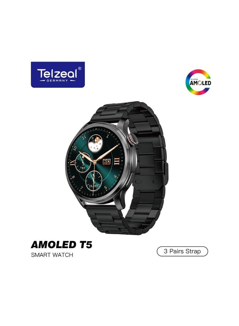 Telzeal AMOLED T5 Waterproof Smart Watch for Men – Large AMOLED Display, Fitness Tracker, Heart Rate & Sleep Monitor, Multi-Sport Modes, Includes 3 Straps & Charging Cable – Black - Image 1