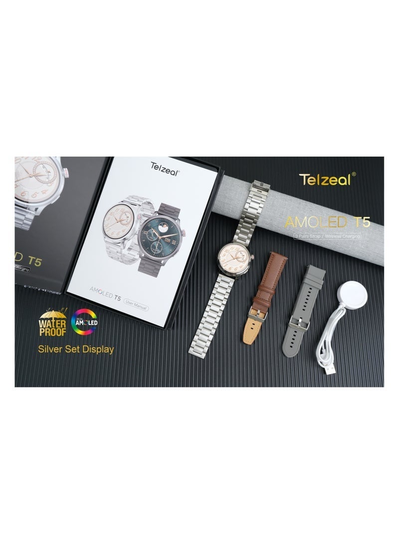 Telzeal AMOLED T5 Waterproof Smart Watch for Men – Large AMOLED Display, Fitness Tracker, Heart Rate & Sleep Monitor, Multi-Sport Modes, Includes 3 Straps & Charging Cable – Black - Image 2