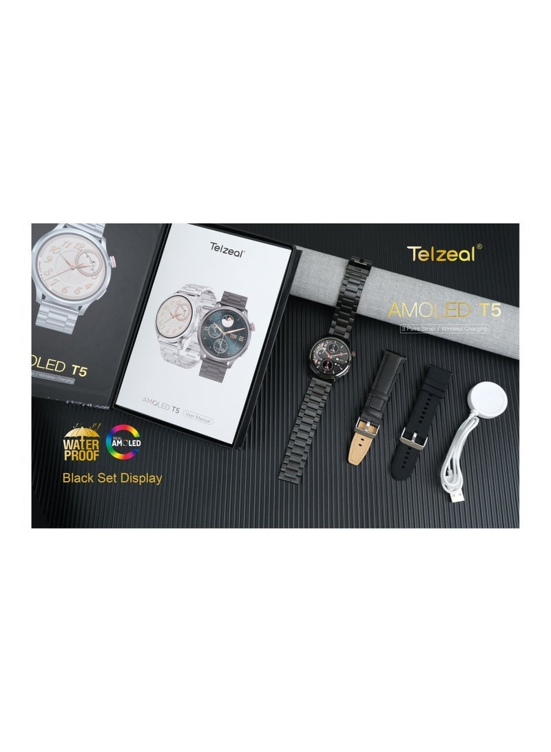Telzeal AMOLED T5 Waterproof Smart Watch for Men – Large AMOLED Display, Fitness Tracker, Heart Rate & Sleep Monitor, Multi-Sport Modes, Includes 3 Straps & Charging Cable – Black - Image 3