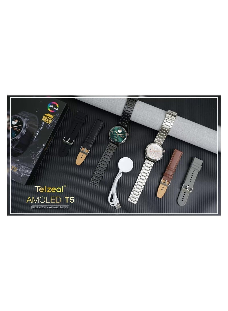 Telzeal AMOLED T5 Waterproof Smart Watch for Men – Large AMOLED Display, Fitness Tracker, Heart Rate & Sleep Monitor, Multi-Sport Modes, Includes 3 Straps & Charging Cable – Black - Image 4