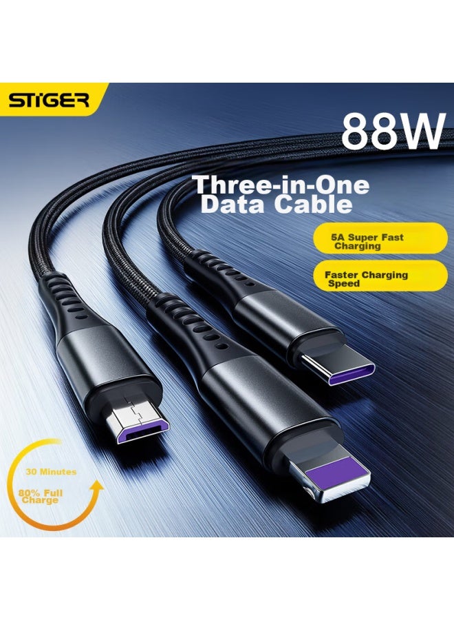 Stiger Data Cable 3-in 5a Fast Charging 88w Compatible With Huawei Mate 70, Apple Type-c, Android Phones, Iphone 14/13, Oppo, Xiaomi Vivo, One-to Cable - Image 1
