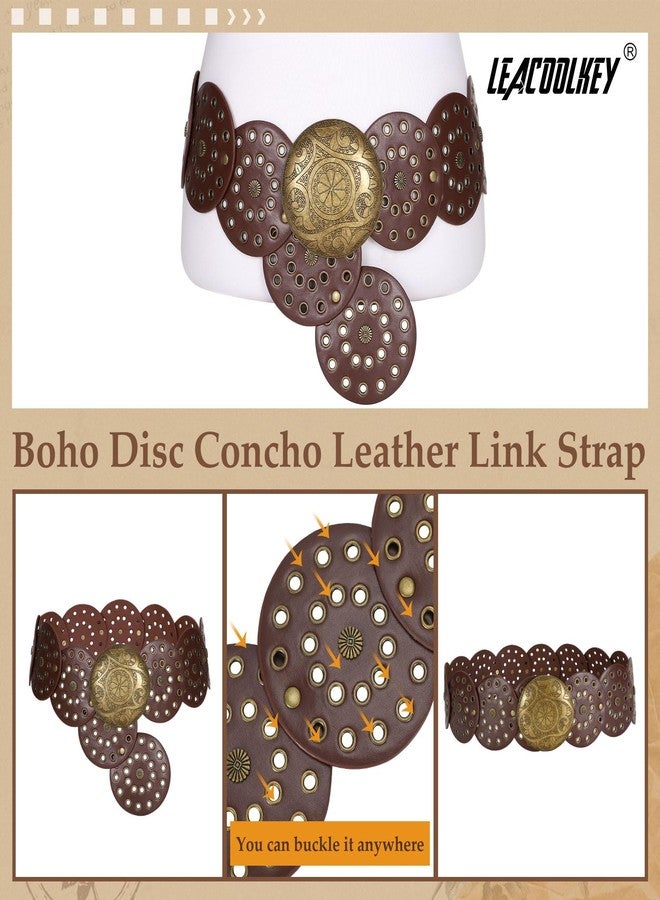 LEACOOLKEY Women Western Leather Belt Boho Disc Conch Waist Belt for Dress Jeans - Image 4