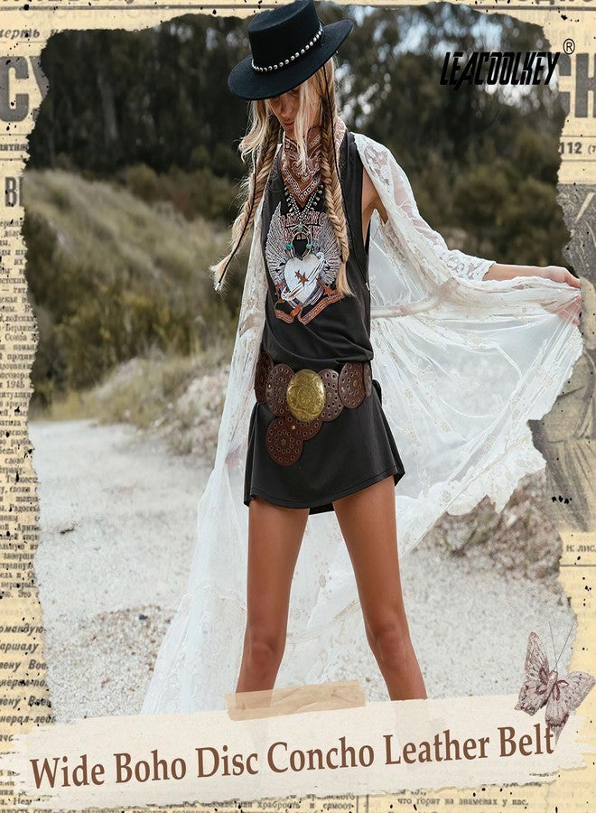 LEACOOLKEY Women Western Leather Belt Boho Disc Conch Waist Belt for Dress Jeans - Image 2