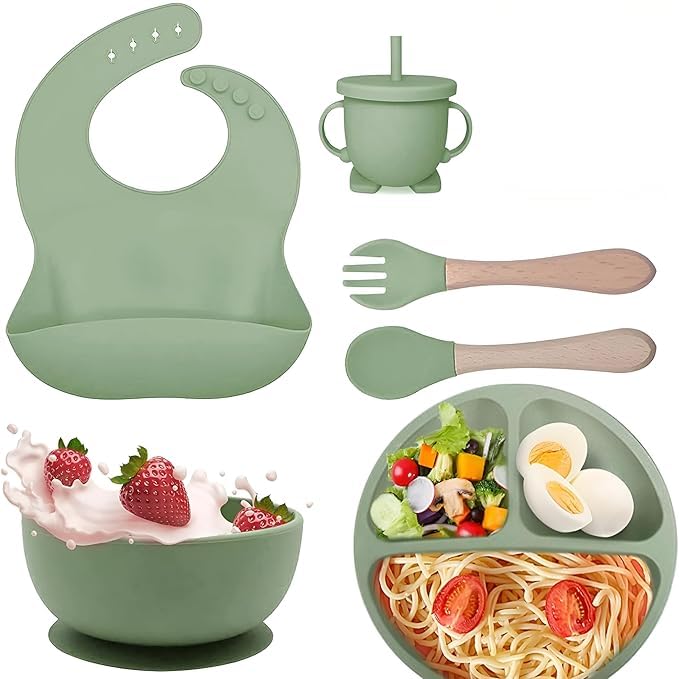 Tinytotem 6-Piece Silicone Baby Feeding Set with Bib, Suction Bowl, Suction Divided Plate, Training Cup with Straw, Spoon & Fork | BPA-Free, Safe, Easy to Clean, Toddler Mealtime Set | - Image 1