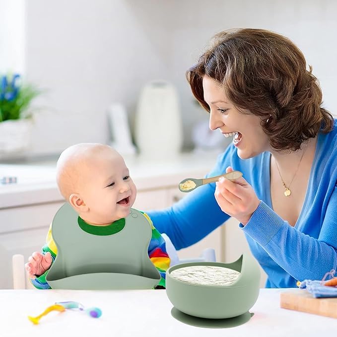 Tinytotem 6-Piece Silicone Baby Feeding Set with Bib, Suction Bowl, Suction Divided Plate, Training Cup with Straw, Spoon & Fork | BPA-Free, Safe, Easy to Clean, Toddler Mealtime Set | - Image 2