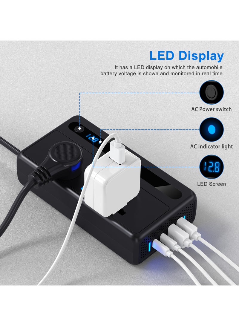 TLAXCA 200W Car Power Inverter, DC 12V/24V to 220V Car Inverter with 2 USB and 2 Type C Ports, Charger Adapter Car Plug Converter with Switch and Current LED Screen, Suitable for Cars, SUV & Truck - Image 2