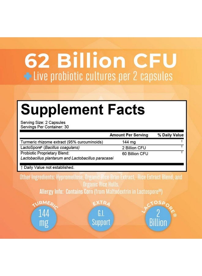 Probiotic Turmeric + Extra Gi Support 62 Billion Cfu Ingredients Turmeric Complex With Probiotics Turmeric Curcumin Capsules For Digestion Plantbased Vegan 60 Ct