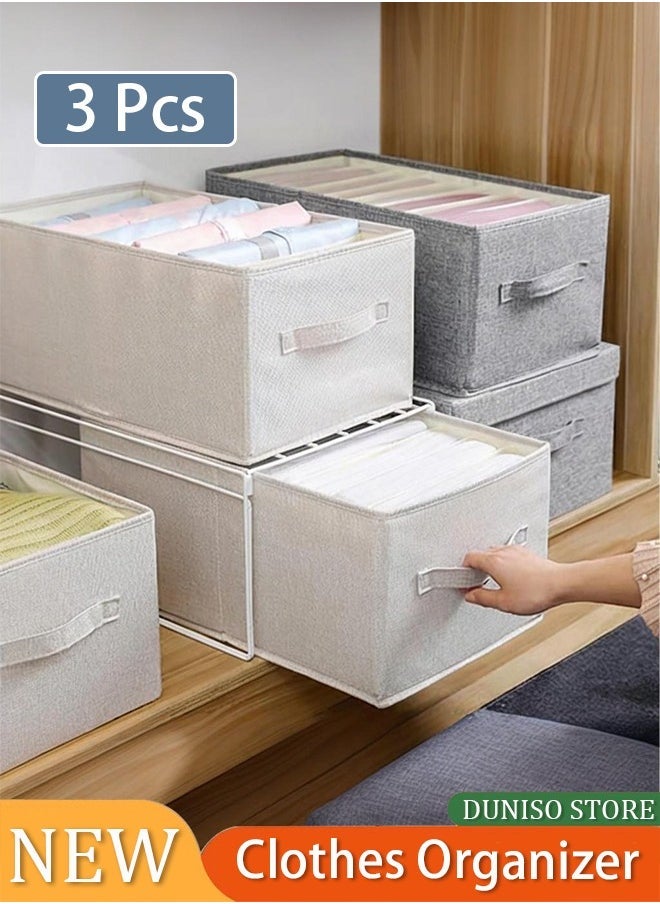 Arabest 3 Pack Clothes Organizer for Closet, Wardrobe Storage Organizers with Handles and 8 Grids, Foldable Cotton Linen Under Bed Clothing Drawers Boxes for Bras, Jeans, Sweaters(Beige) - Image 1