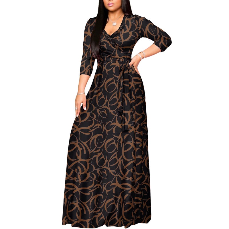 FANDEE Plus Size Maxi Dress for Women Casual Summer Sundress V-Neck 3/4 Sleeve(Brown Corrugated,Medium) - Image 2
