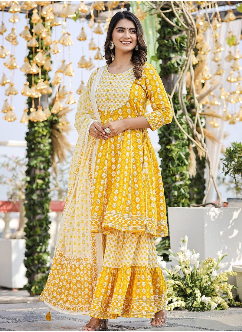 Swadesh Souq طقم شارايا كورتا شيكانكاري قطني أنيق باللون الأصفر مع دوباتا  - Image 4