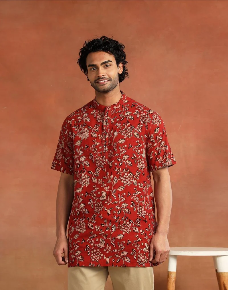 Fabindia Maroon Cotton Dabu Printed Kurta Short