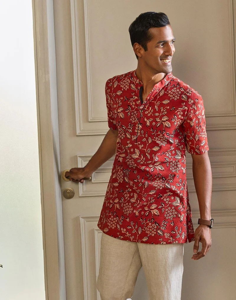 Fabindia Maroon Cotton Dabu Printed Kurta Short