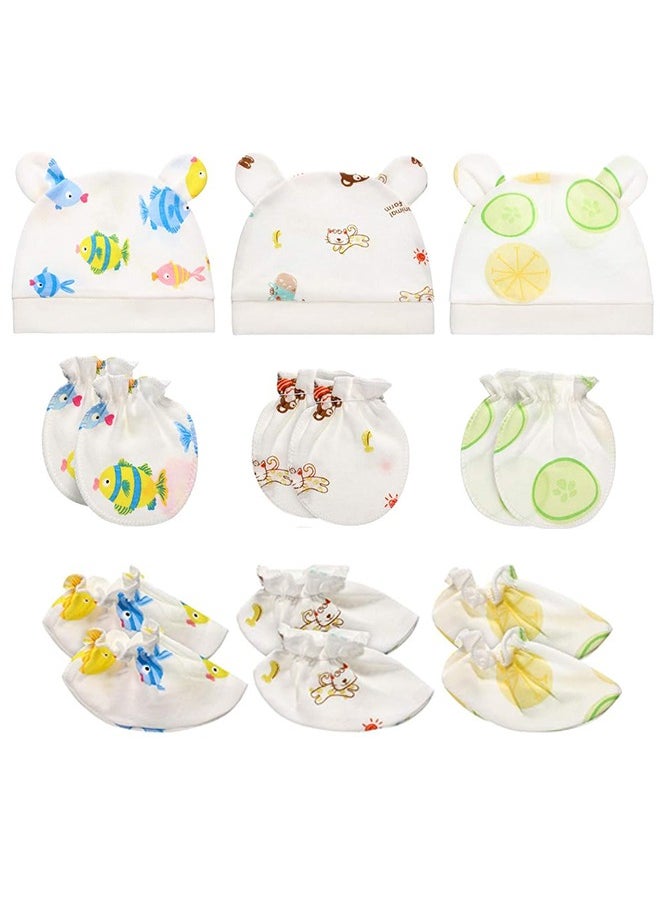 Generic 9Pcs Newborn Cap Mitten Sock, Including 3 Pieces Newborn Hats, 3 Pairs Baby No Scratch Mittens Gloves and 3 Pairs Infant Socks for 0-6 Months Unisex Baby Boys Girls Set Multicoloured  - Image 1