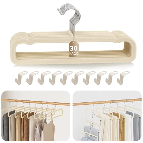 UEAKPIC Velvet Felt Pants Hangers 30 Pack – Heavy Duty Space Saving Clothes Hangers with 360° Swivel Hook, Non-Slip Thin Design for Suits, Shirts, Coats, Dresses – Includes 30 Hooks (Ivory) - Image 1