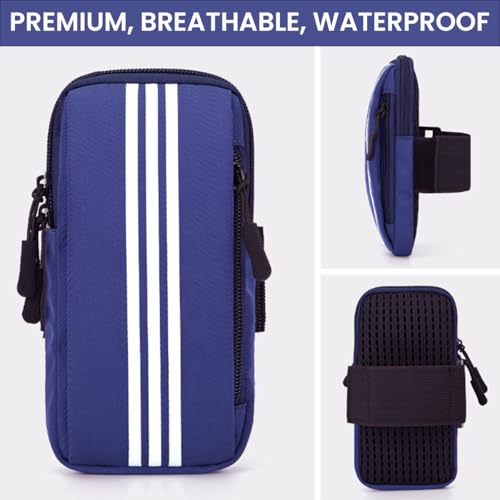 Optifit® Waterproof Phone Armband Arm Holder for Running, Jogging, Hiking Anti-Slip, Breathable with Adjustable Elastic Strap, Zipper Pocket for Keys & Earbuds, Fits Up to 6.7'' Smartphone, Blue - Image 3