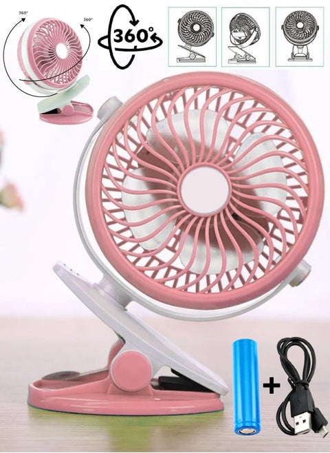 Cooling Fan 360 Degree Rotation Portable with Position available; Stand, Hang & Clip  Rechargeable Battery Powered With USB Connector
