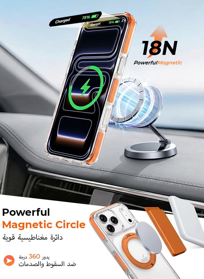 غطاء هاتف شفاف مغناطيسي لـ iPhone 17 Pro Max بلون برتقالي، متوافق مع شحن MagSafe، حامل دوار 360 درجة، مقاوم للصدمات بدرجة عسكرية - Image 2