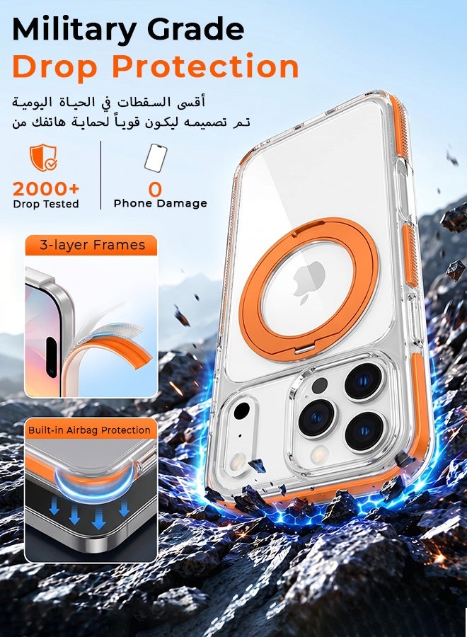 غطاء هاتف شفاف مغناطيسي لـ iPhone 17 Pro Max بلون برتقالي، متوافق مع شحن MagSafe، حامل دوار 360 درجة، مقاوم للصدمات بدرجة عسكرية - Image 5