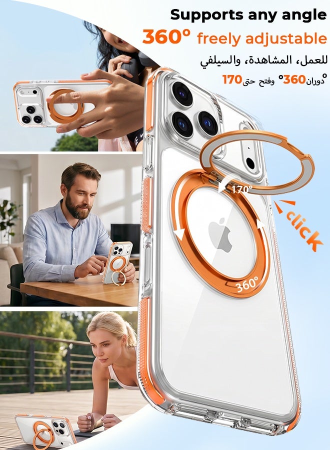 غطاء هاتف شفاف مغناطيسي لـ iPhone 17 Pro Max بلون برتقالي، متوافق مع شحن MagSafe، حامل دوار 360 درجة، مقاوم للصدمات بدرجة عسكرية - Image 4