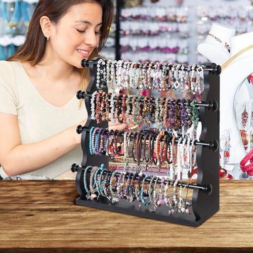 humberboat 4 Tier Wooden Bracelet Holder Bangle Watch Necklace Display Storage Antique Bracelet Display Stand Jewelry Holder Stand for Store Showcase and Home Storage Black 4 Tier Wooden Bracelet Holder - Image 3