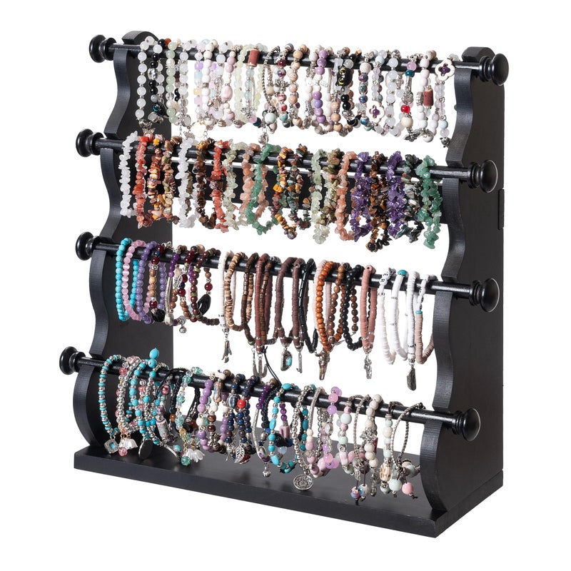 humberboat 4 Tier Wooden Bracelet Holder Bangle Watch Necklace Display Storage Antique Bracelet Display Stand Jewelry Holder Stand for Store Showcase and Home Storage Black 4 Tier Wooden Bracelet Holder - Image 2