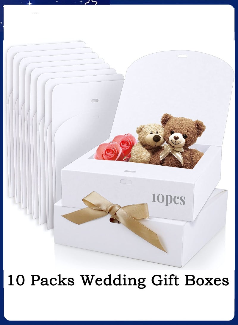 10 قطع من صناديق الهدايا مع أغطية، 16.5×16.5×5 سم، صندوق هدايا أبيض مربع الشكل، صندوق تغليف هدايا سهل التجميع، صناديق هدايا الحفلات مع شريط فيونكة لحفلات الزفاف، والتغليف، والهدايا، وأعياد الميلاد، والحفلات - Image 1
