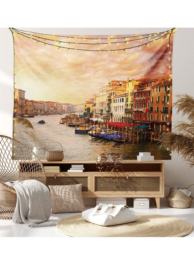 Ambesonne Scenery Tapestry Venezia City Italian Landscape With Old Houses Gondollas And Spikes Image Wall Hanging For Bedroom Living Room Dorm Decor 60" X 80" Orange Yellow - Image 2