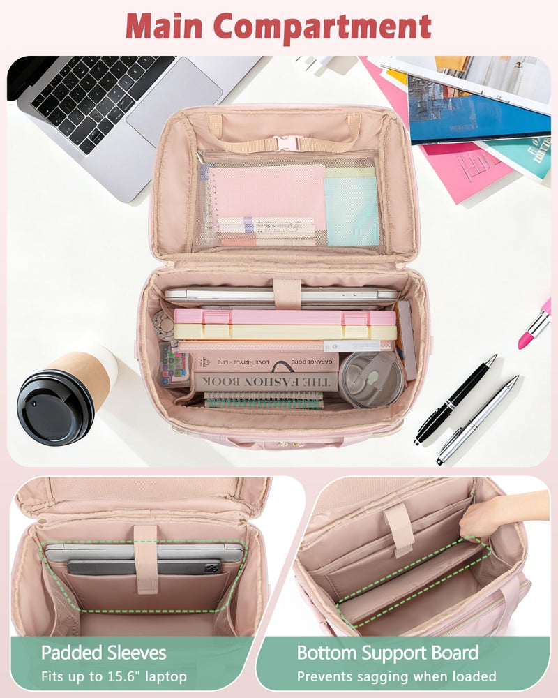 Marscamd Rolling Teacher Bag with 15.6" Laptop Compartment & Accordion File Organizer, Wheeled Work Briefcase Tote with Detachable Trolley for Women, Pink - Image 2