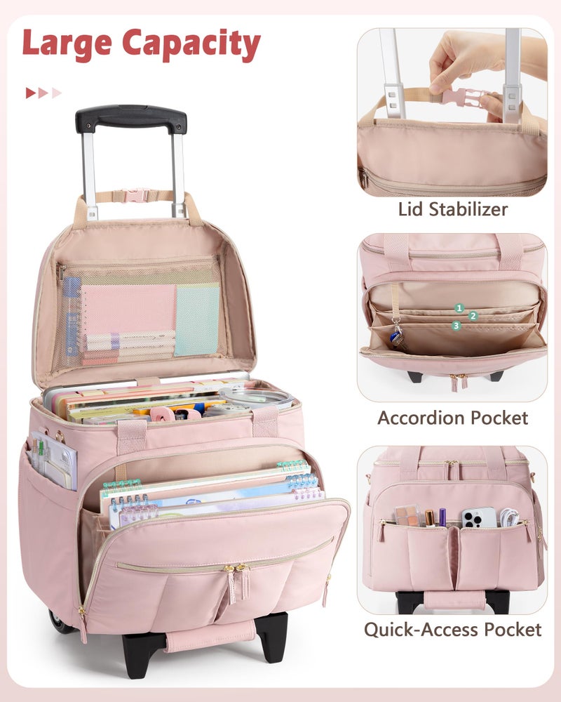 Marscamd Rolling Teacher Bag with 15.6" Laptop Compartment & Accordion File Organizer, Wheeled Work Briefcase Tote with Detachable Trolley for Women, Pink - Image 3