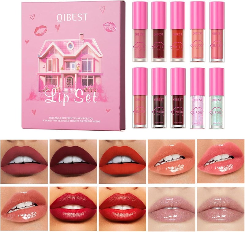 10 Colours Liquid Lipstick Set Matte Lipgloss Glossy Lipgloss Lip Colour Glitter Lip Oil in One Set Professional Lip Makeup Kit for Women