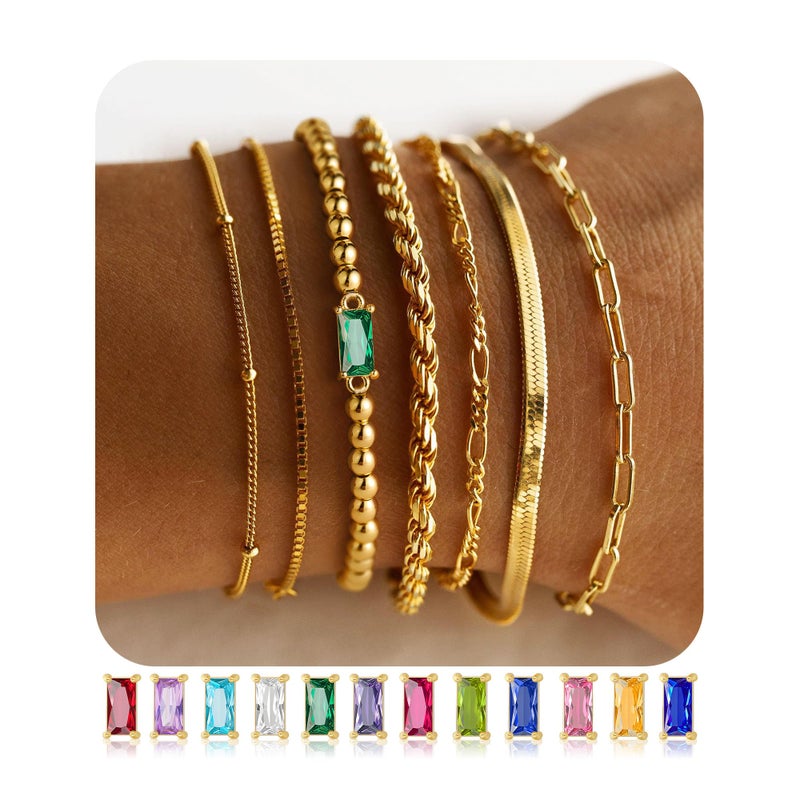 M MOOHAM Gold Bracelets for Women Teen Girls Gifts, May Emerald Green Birthstone Bracelet Birthday Gifts for Women Teen Girls, 14K Gold Plated Bracelet Stack Set Beaded Bracelet Jewelry Gifts - Image 2