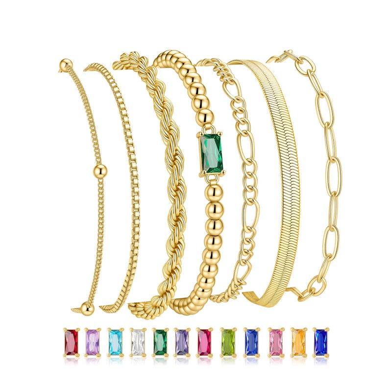 M MOOHAM Gold Bracelets for Women Teen Girls Gifts, May Emerald Green Birthstone Bracelet Birthday Gifts for Women Teen Girls, 14K Gold Plated Bracelet Stack Set Beaded Bracelet Jewelry Gifts - Image 1