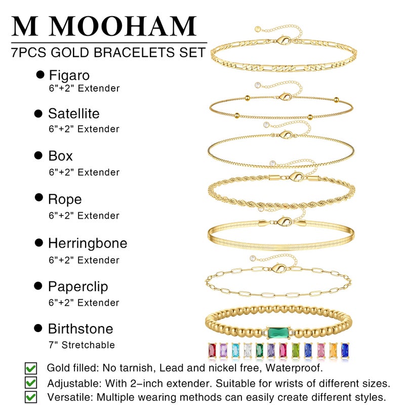 M MOOHAM Gold Bracelets for Women Teen Girls Gifts, May Emerald Green Birthstone Bracelet Birthday Gifts for Women Teen Girls, 14K Gold Plated Bracelet Stack Set Beaded Bracelet Jewelry Gifts - Image 5