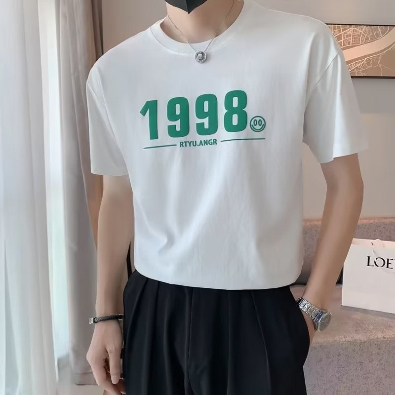 2023 short sleeve men's net Red fashion brand loose top design men's handsome half sleeve summer white T-shirt - Image 4