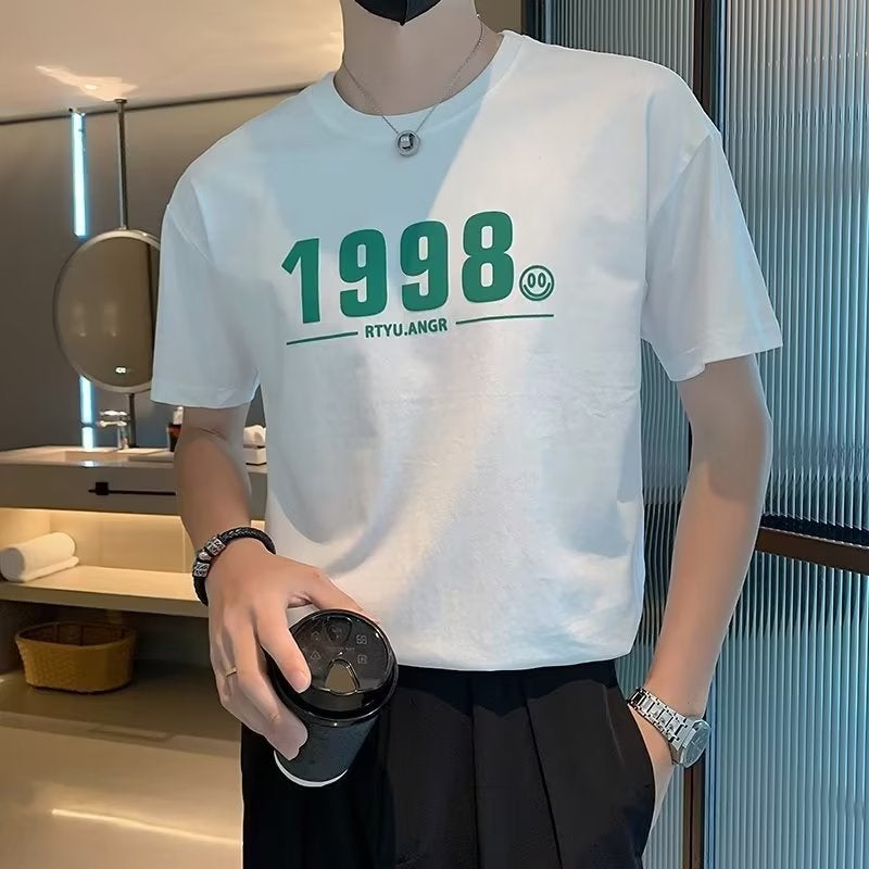 2023 short sleeve men's net Red fashion brand loose top design men's handsome half sleeve summer white T-shirt - Image 3