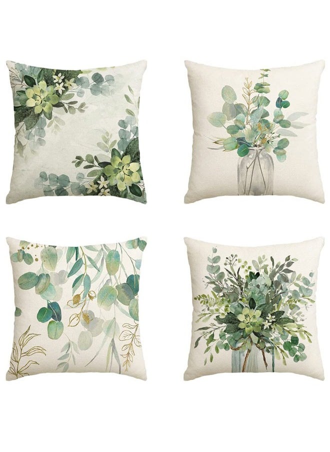 HAWAWA Green Plants Decorative Throw Pillow Covers 45x45cm Decorations Linen Square Pillow Cases Tropical Plants Outdoor Sofa Couch Home Bed Decor Cushion Covers Set of 4  - Image 1
