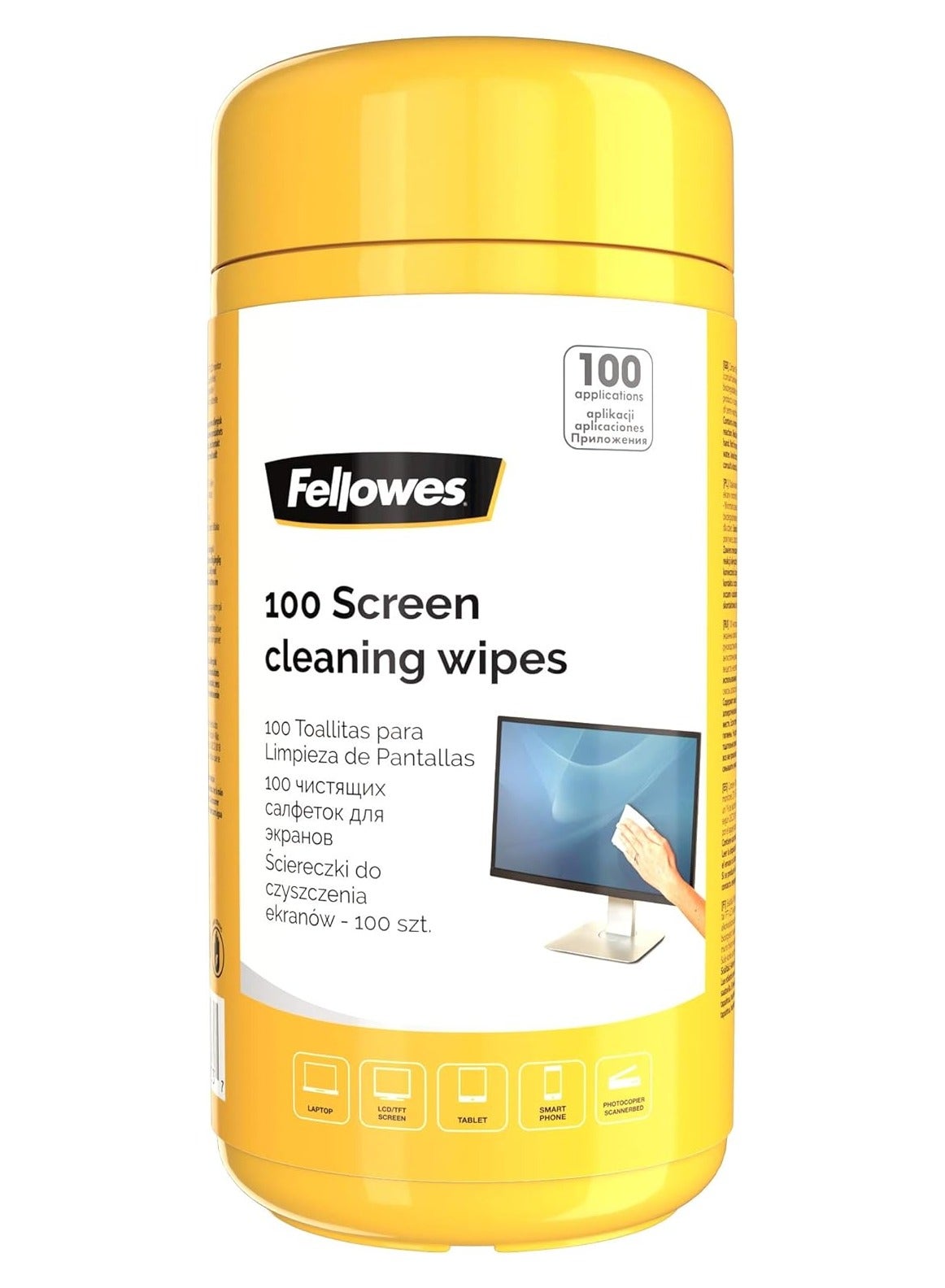 Fellowes Screen Cleaning Wipes Tub for Home Office Monitor, Laptop, iPad, Mobile Phone, and Tablet Cleaning Wipes 100