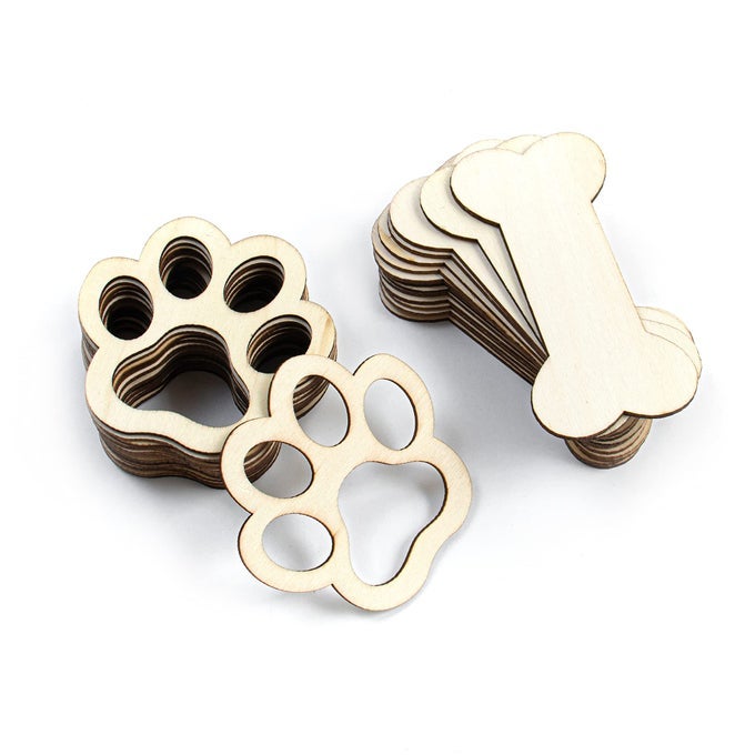30 PACK UNFINISHED WOOD DOG BONE CUTOUTS PAW PRINT WOODEN ORNAMENT FOR DIY CRAFTS PAINTING