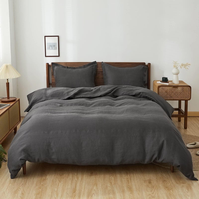 SimpleOpulence 100 Linen Duvet Cover Set 3 PCS Natural French Flax Dark Grey Duvet Cover King Size Breathable Soft Comfy Linen Bedding Comforter Cover with 2 PillowcasesDark Grey 104x92